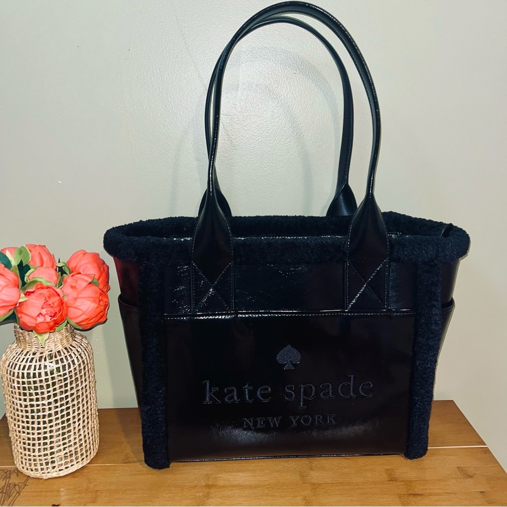 Like New Kate Spade Black Patent Leather Faux Fur Trim Tote